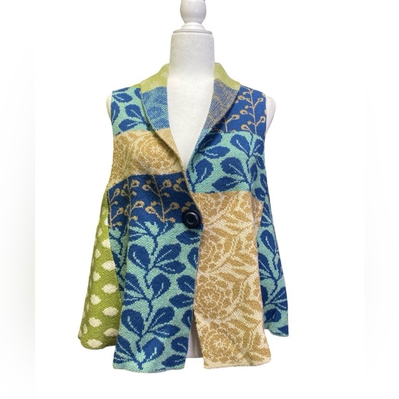 Patchwork Knit Vest Colorful Floral Sleeveless Jacket‎ Unique Artsy Statement - Picture 1 of 9